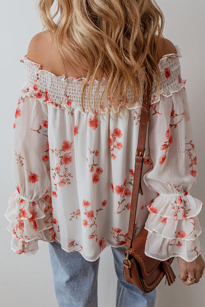 Floral Print Shirred Off Shoulder Ruffled Sleeve Blouse | White