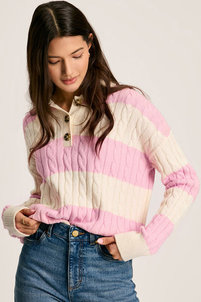 Cable Knit Collared Henley Sweater | Pink Stripe