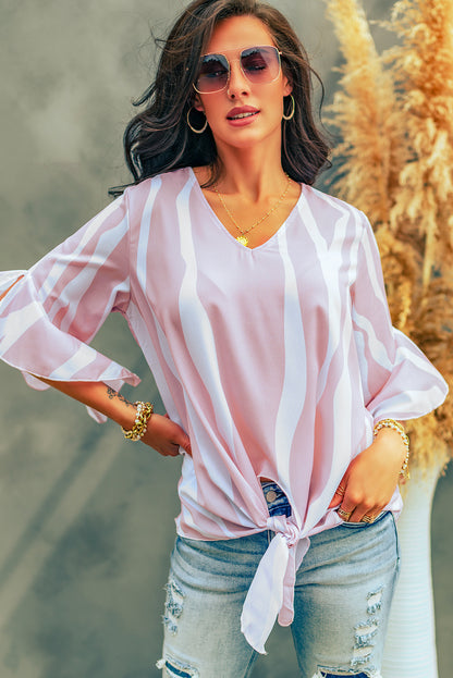 Vertical Stripes V Neck 3/4 Sleeve Blouse | Pink