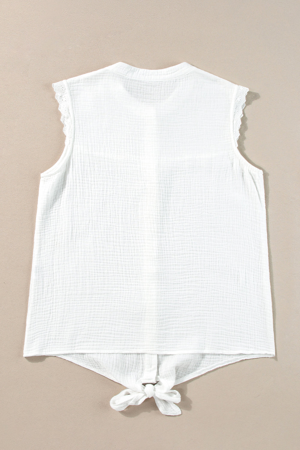 Lace Trim Crinkle Knot Hem Sleeveless Shirt | White