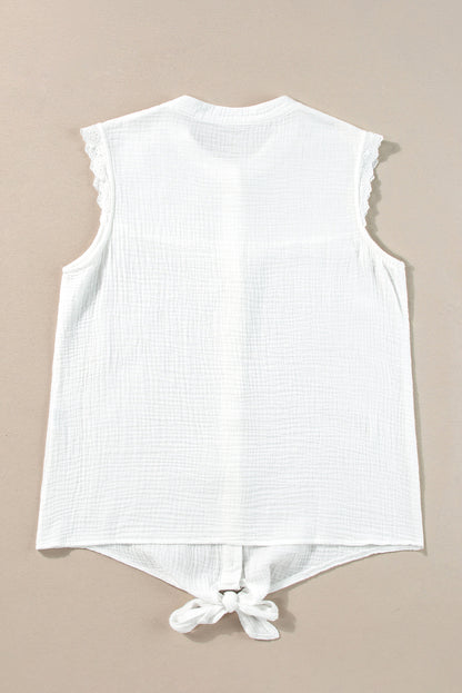 Lace Trim Crinkle Knot Hem Sleeveless Shirt | White