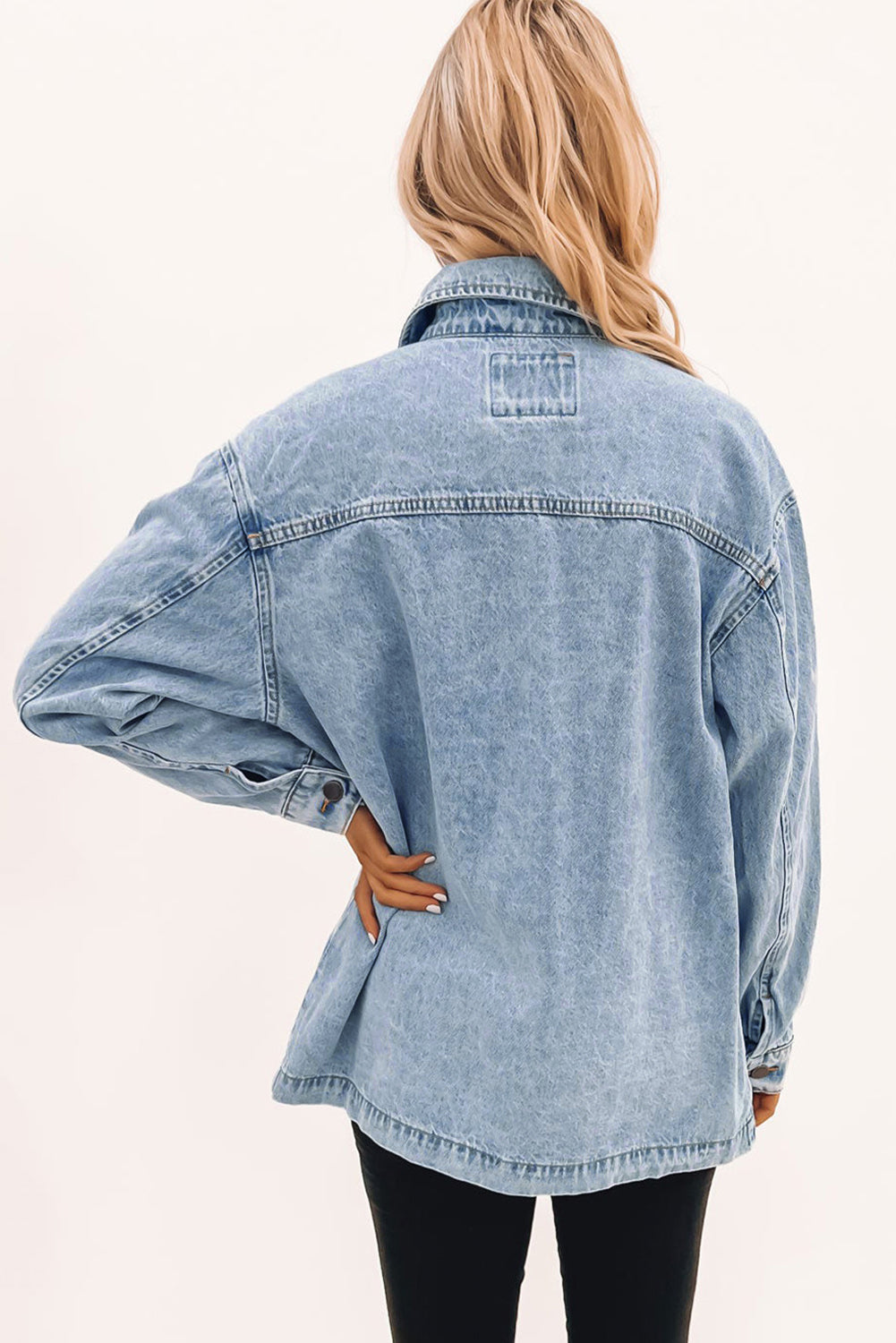 Acid Wash Flap Pocket Boyfriend Shacket | Sky Blue