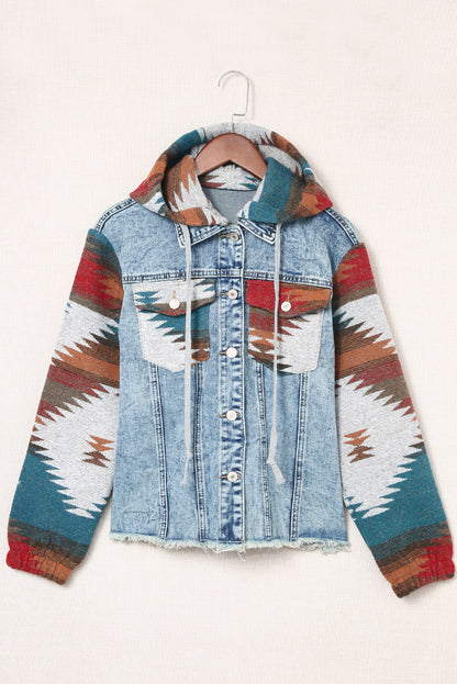 Aztec Print Frayed Hem Denim Jacket | Multicolour