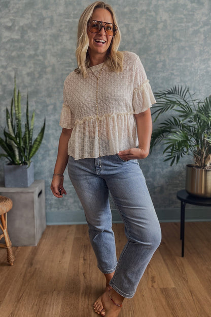 Solid Colour Textured Ruffled Short Sleeve Blouse | Beige