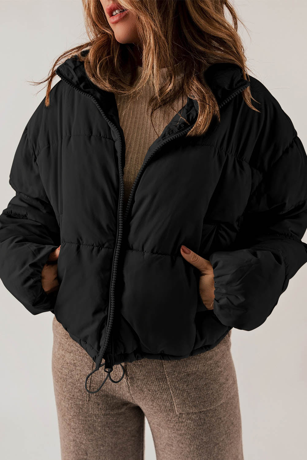 Zip Up Drawstring Hem Puffer Jackets | Black