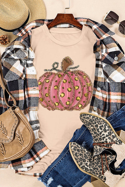 Cheetah Pumpkin Print Round Neck T Shirt | Khaki