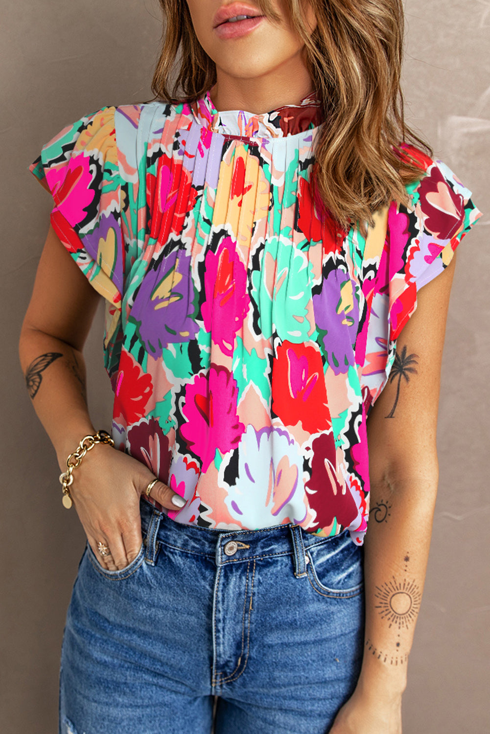 Abstract Floral Print Frilled Neck Pleated Blouse | Multicolour