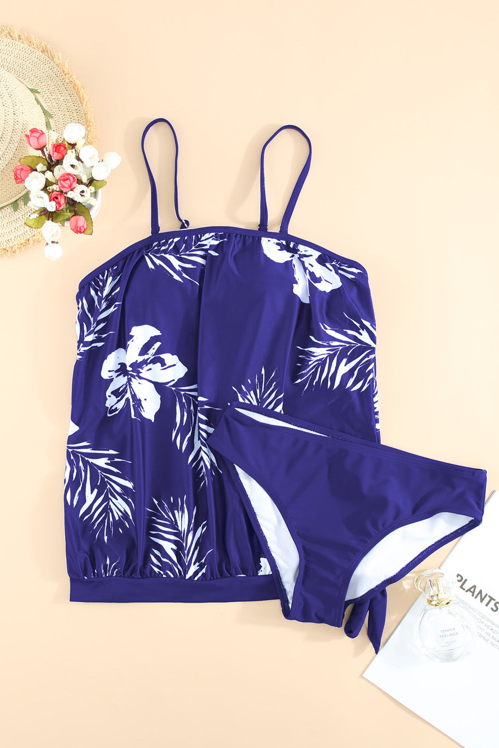 Floral Pattern Strapless Tankini Set | Blue