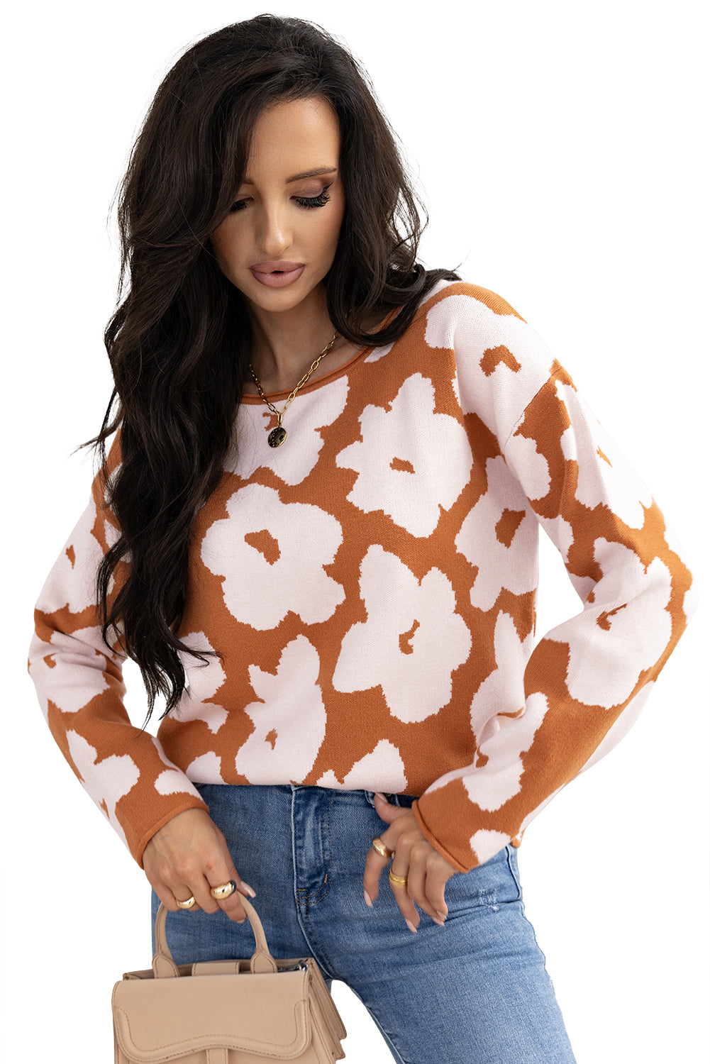 Floral Pattern Crew Neck Long Sleeve Loose Sweater | Brown