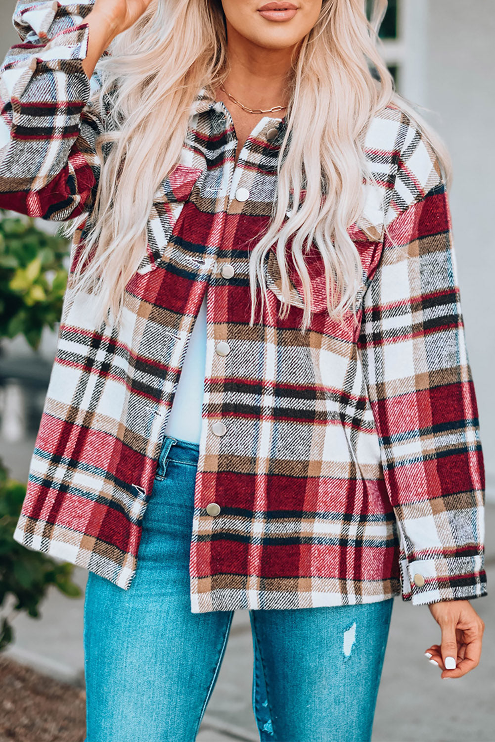 Fiery  Geometric Plaid Print Pocketed Shacket | Red