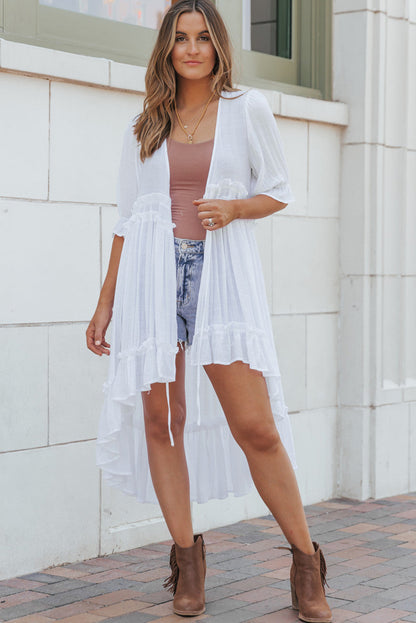 Half Sleeve Ruffled High Low Kimono | White