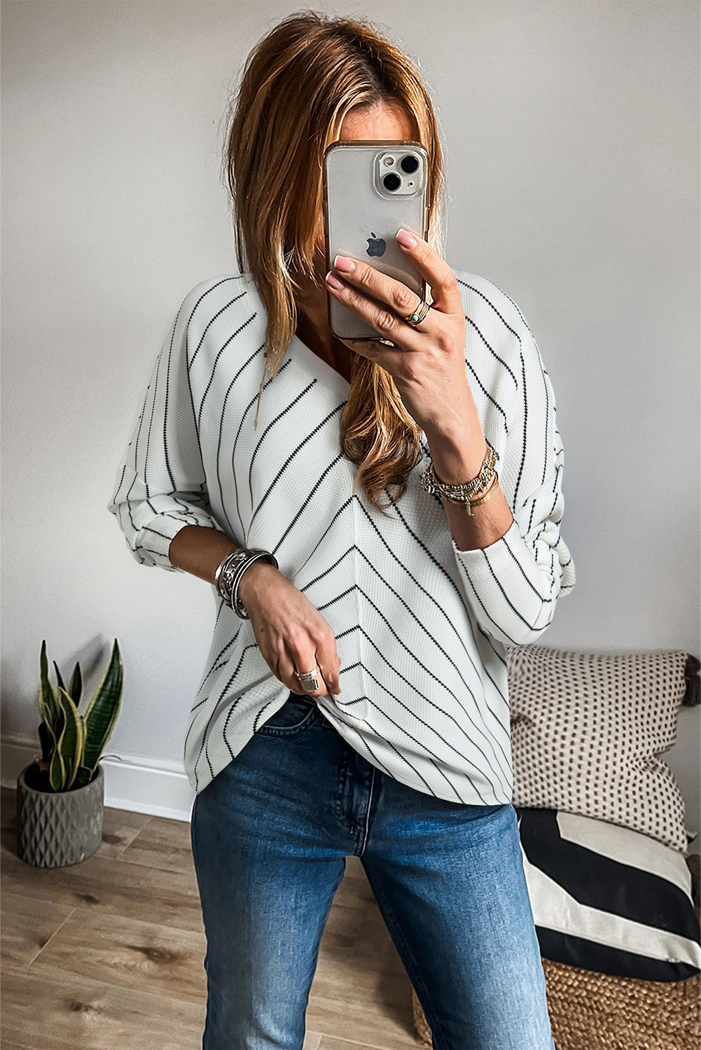 Chevron Striped V Neck Long Sleeve Casual Top | Black Stripe