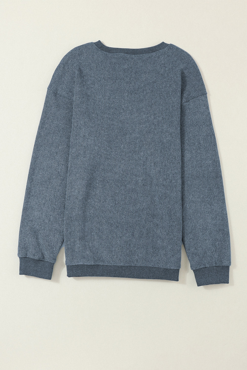 Solid Ribbed Knit Round Neck Pullover Sweatshirt | Blue