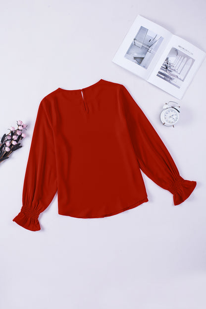 Fiery  Crew Neck Ruffle Bubble Sleeve Top | Red