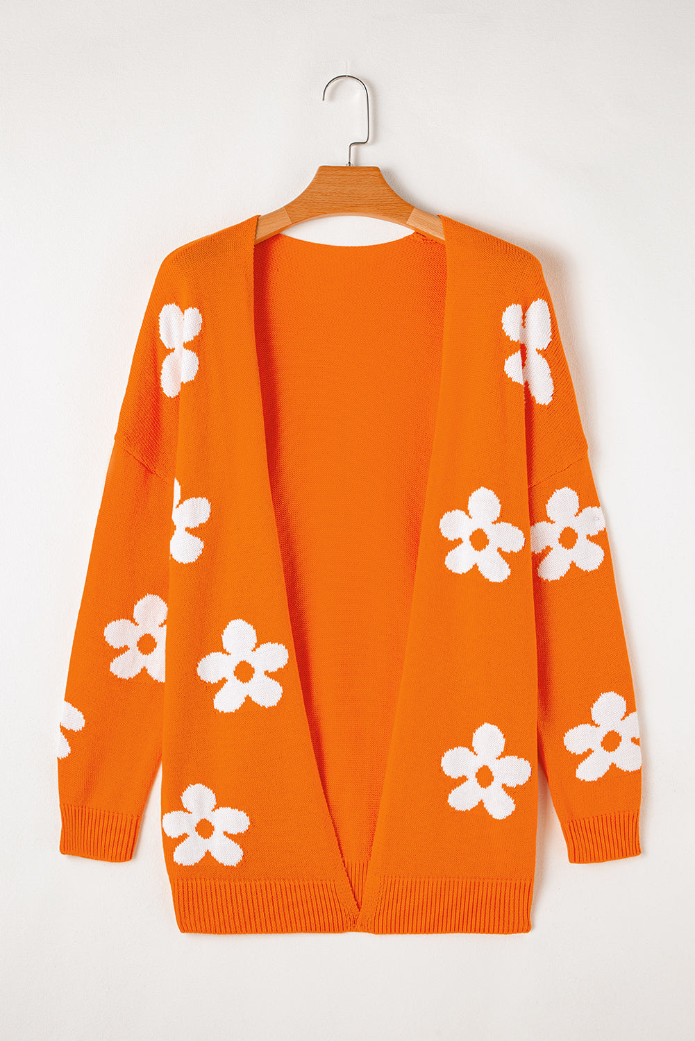 Floral Print Knitted Open Front Loose Cardigan | Orange