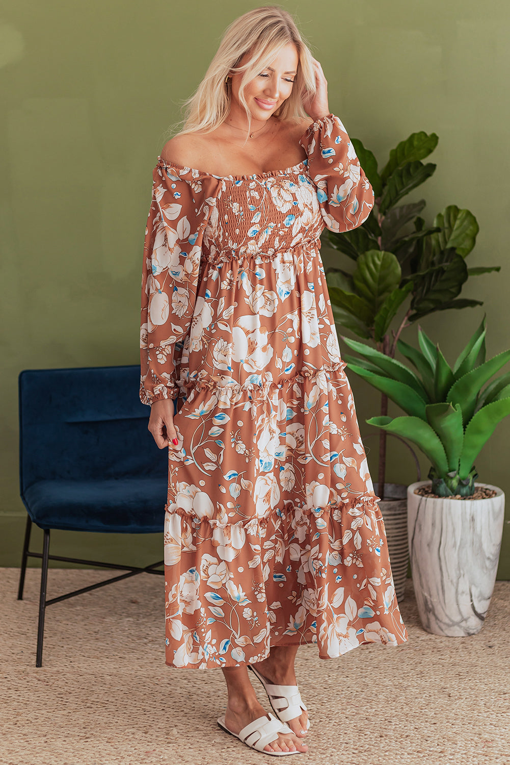 Floral Print Shirred Square Neck High Waist Maxi Dress | Brown