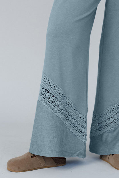 Lace Crochet Patched Lace-Up High Waist Wide Leg Pants | Dusk Blue