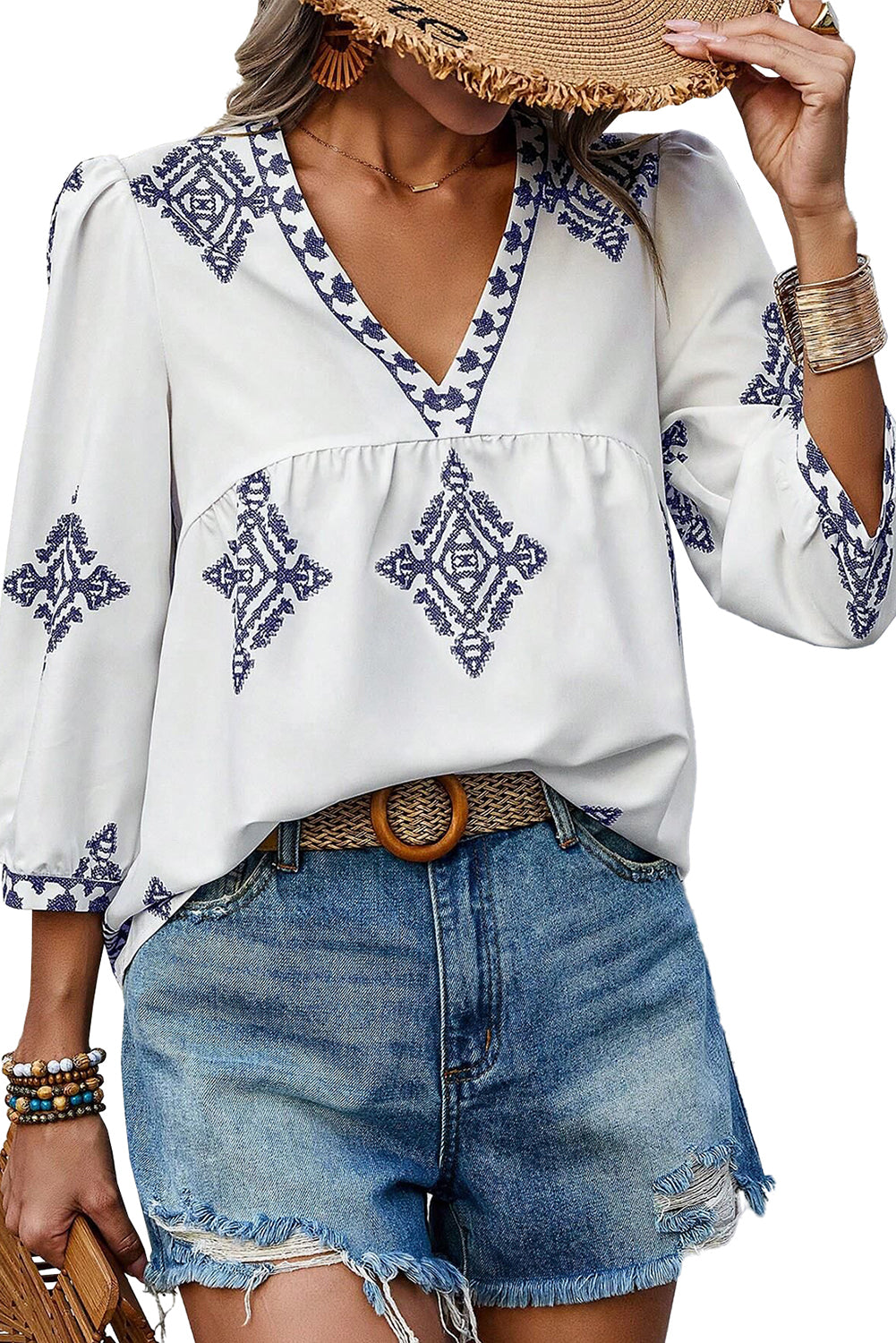 Boho Geometric Print Bracelet Sleeve V Neck Blouse | White