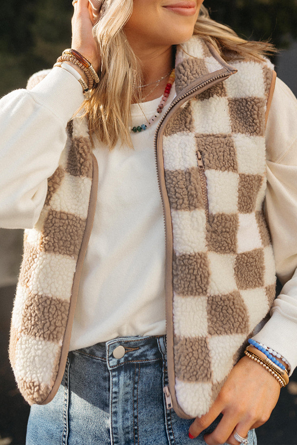 Checkered Sherpa Collared Jacket Vest | Khaki