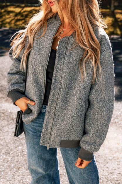 Fuzzy Zip Up Pocketed Sleeve Jacket | Medium Grey