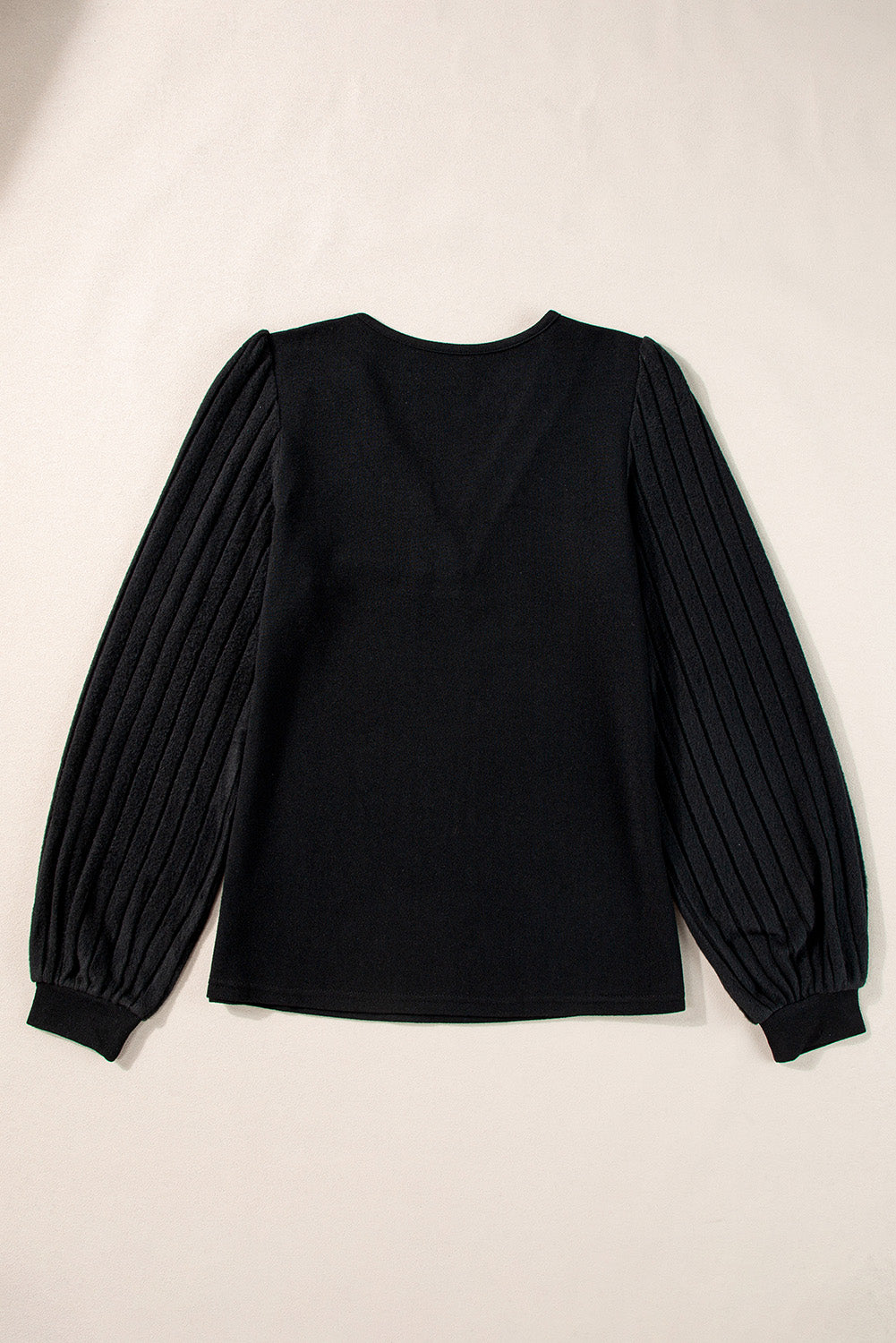 Buttoned V Neck Ribbed Puff Sleeve Top | Black