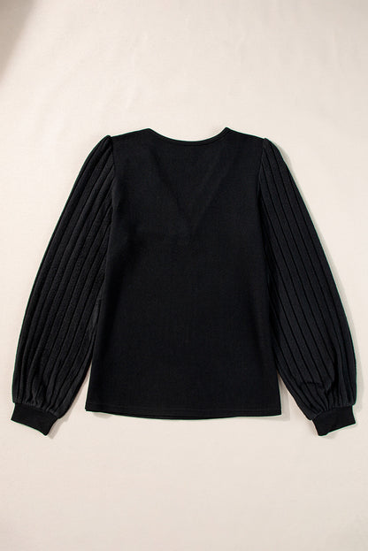 Buttoned V Neck Ribbed Puff Sleeve Top | Black