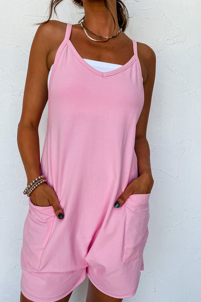 Sleeveless Pocketed V Neck Jersey Romper | Pink