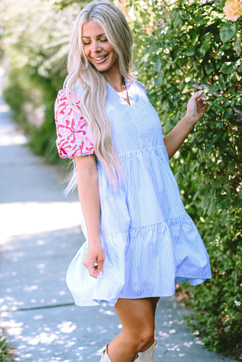 Contrast Floral Puff Sleeve Tiered Ruffle Dress | Sky Blue Stripe