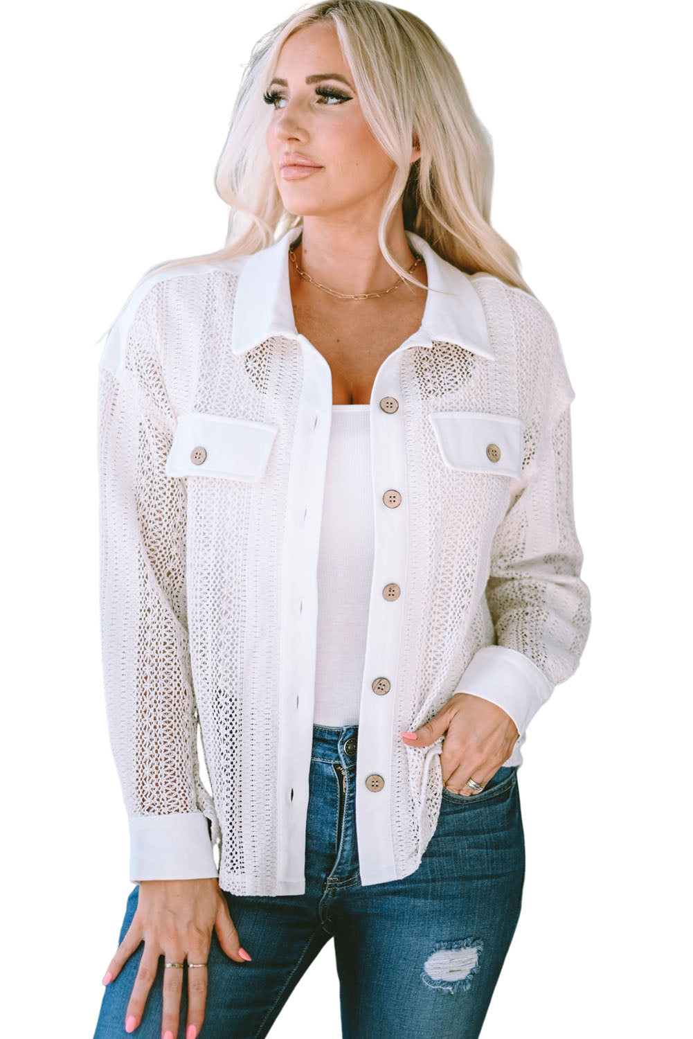 Lace See-Through Button Collared Shacket | Beige