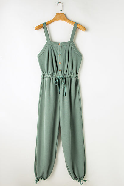 Knotted Straps Button Textured Drawstring Jumpsuit | Moss Green