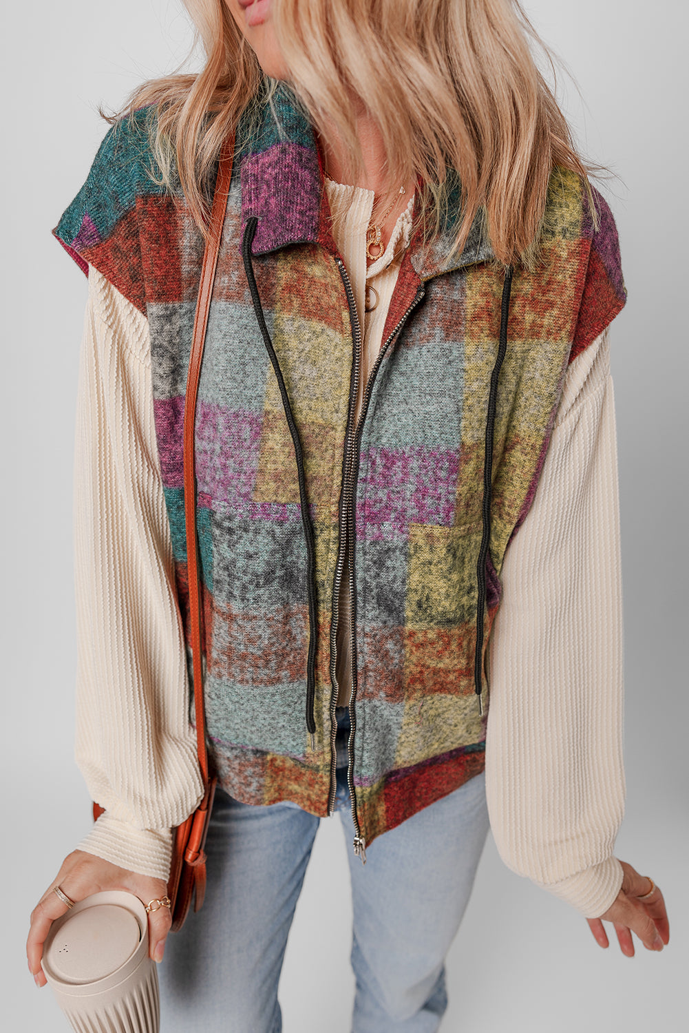 Plaid Print Side Pockets Zipped Loose Vest | Multicolour