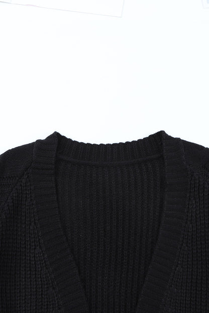 Open Front Cable Sleeve Long Cardigan | Black