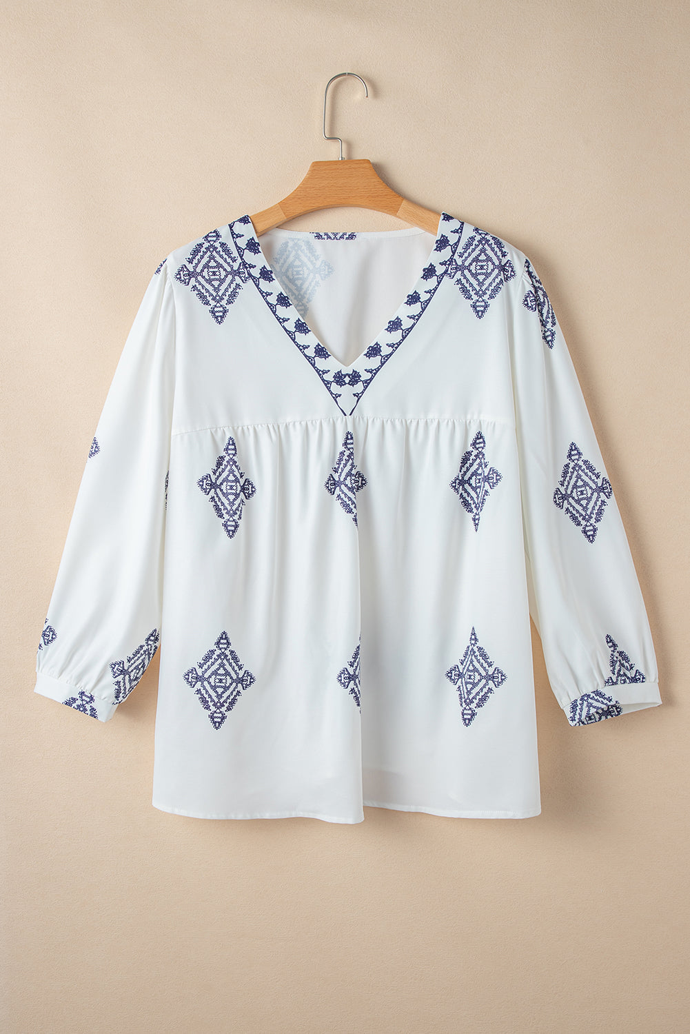 Boho Geometric Print V Neck Bracelet Sleeve Plus Size Blouse | White