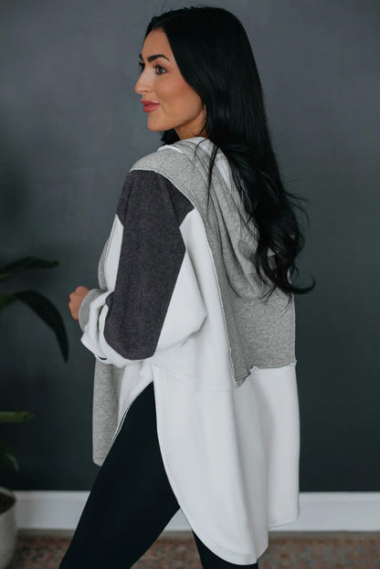 Colour Block Exposed Seam Buttoned Neckline Hoodie | Gray