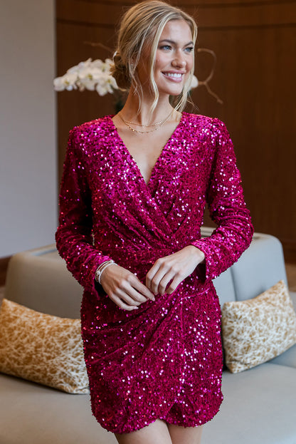 Velvet Sequin Long Sleeve V Neck Wrapped Mini Dress | Pitaya Pink