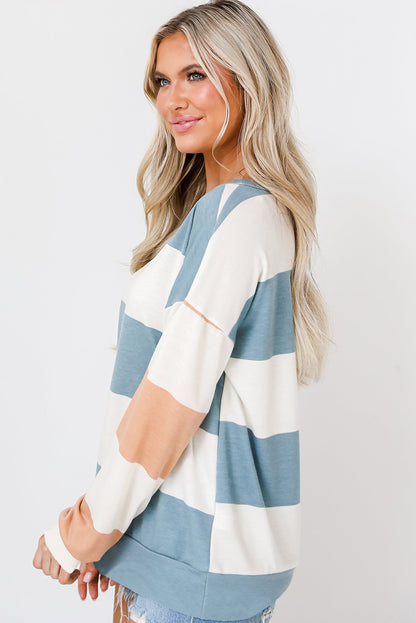 Colourblock Striped Drop Shoulder Long Sleeve Top | Light Blue