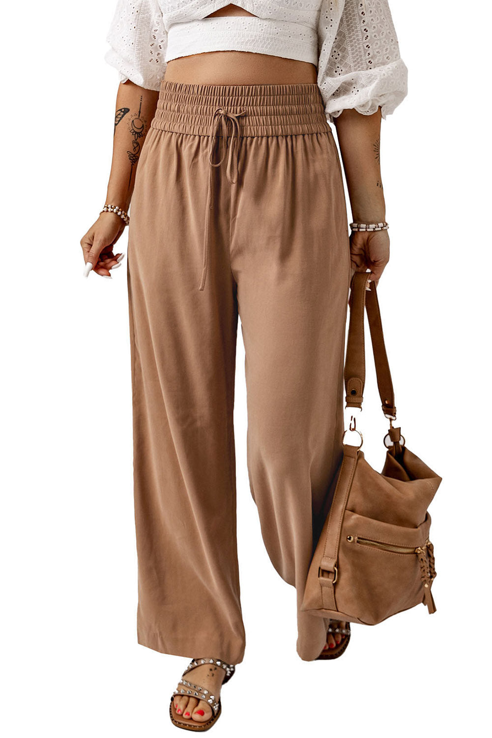 Drawstring Elastic Waist Casual Wide Leg Pants | Brown