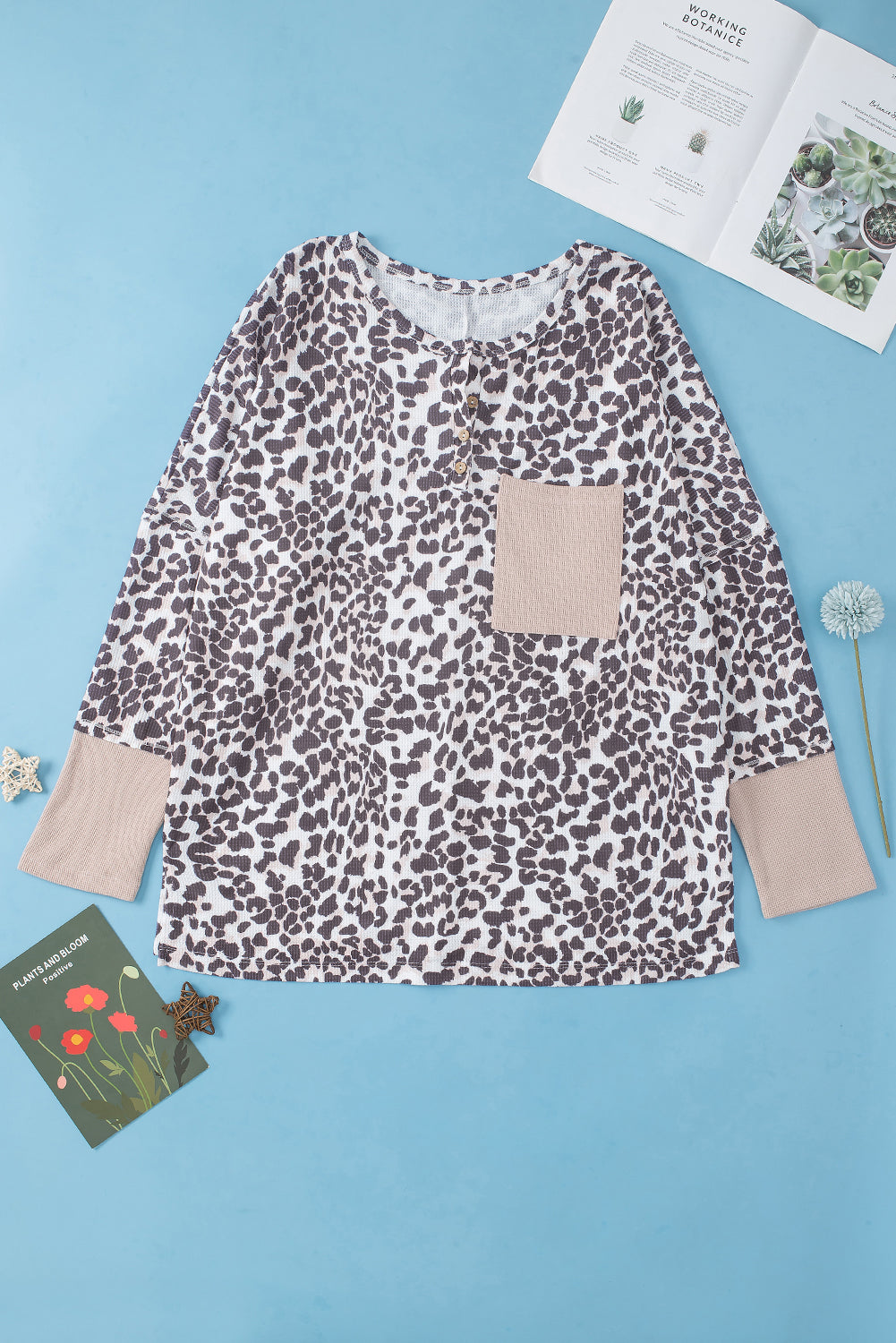 Plus Size Waffle Knit Patchwork Long Sleeve Henley Top | Leopard