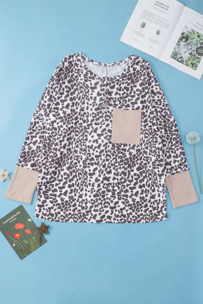 Plus Size Waffle Knit Patchwork Long Sleeve Henley Top | Leopard