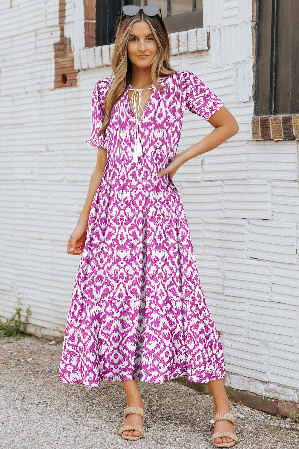 V Neck Casual Geometric Print Maxi Dress | Pink