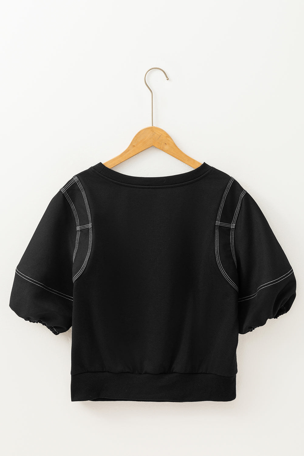 Contrast Stitches Detail Puffy Half Sleeve Blouse | Black