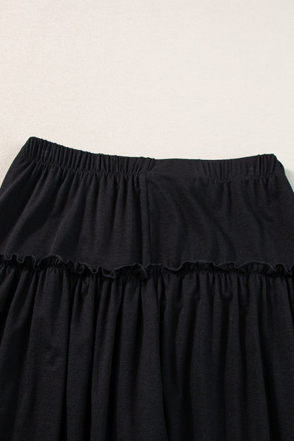 Frilled Drawstring High Waist Wide Leg Pants | Black