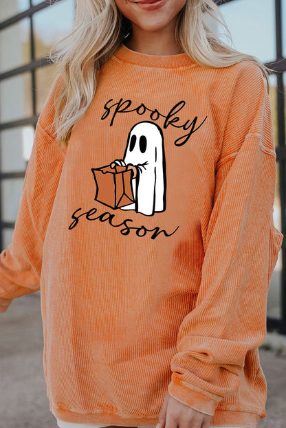 Spooky Season Ghost Print Ribbed Pullover Sweatshirt | Orange