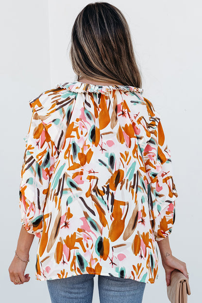 Abstract Print Drawstring Frilled V Neck 3/4 Sleeve Blouse | Yellow