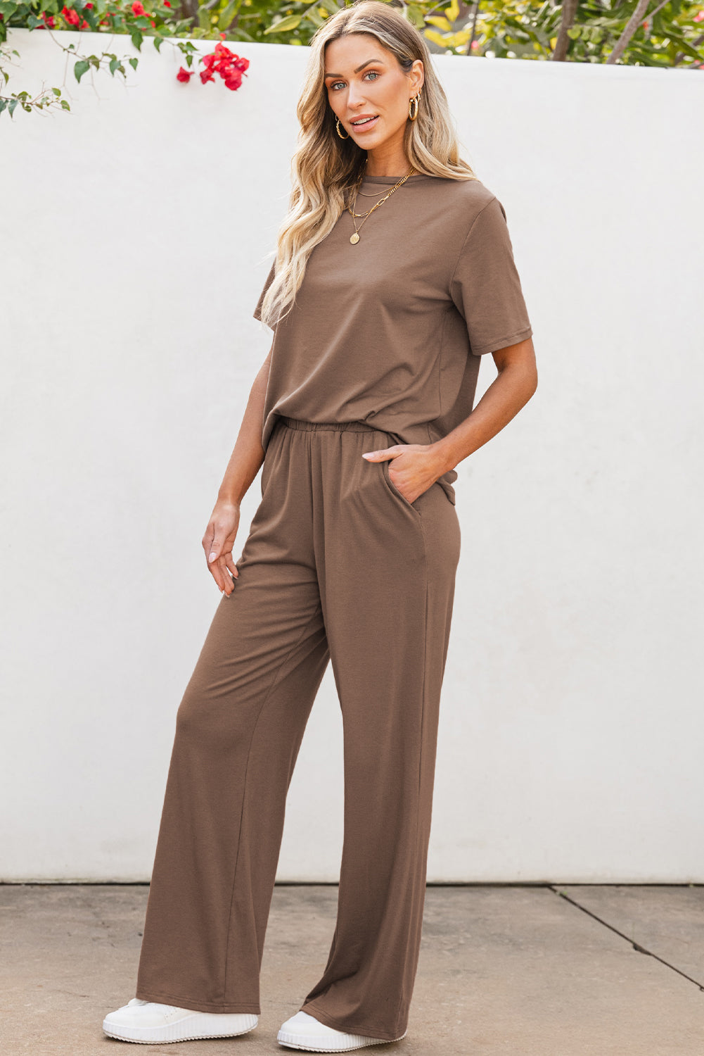 Solid Colour T Shirt 2 Piece Wide Leg Pants Set | Smoke Gray