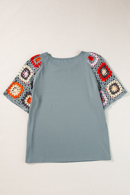 Floral Crochet Short Sleeve Top | Medium Grey