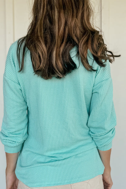 Solid Colour Corded Knit Round Neck Top | Aruba Blue