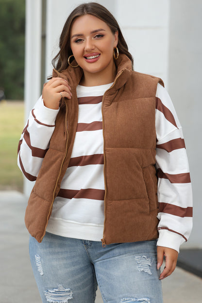 Corduroy Stand Neck Zipped Puffer Vest | Coffee