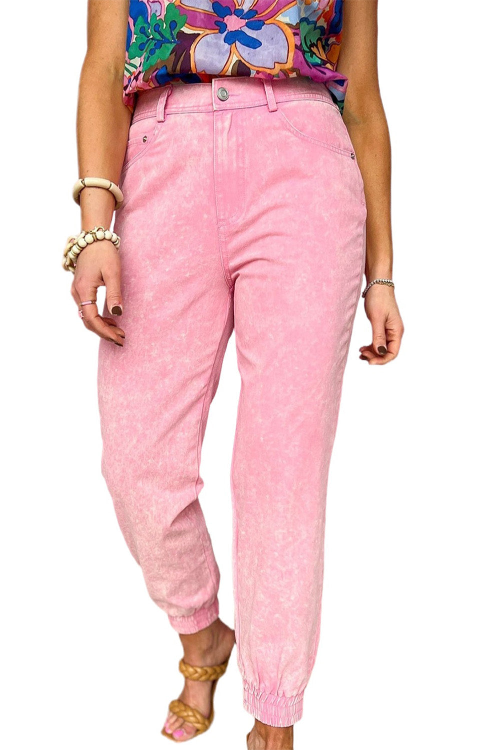 Acid Wash Elastic Cuffed High Waist Jeans | Pink