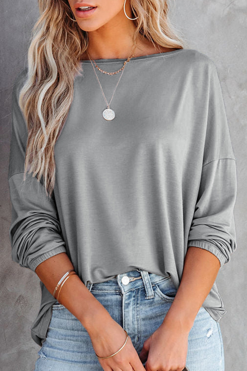 Loose Fit Wide Neck Batwing Sleeves Top | Gray